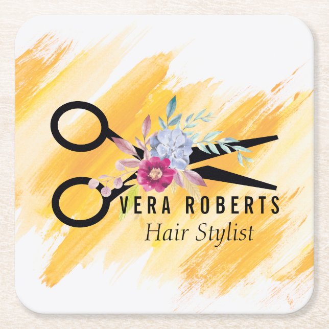 Hair Stylist Gold Scissor & Beauty Salon Floral Square Paper Coaster (Front)