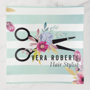 Hair Stylist Gold Scissor & Beauty Salon floral Trinket Tray