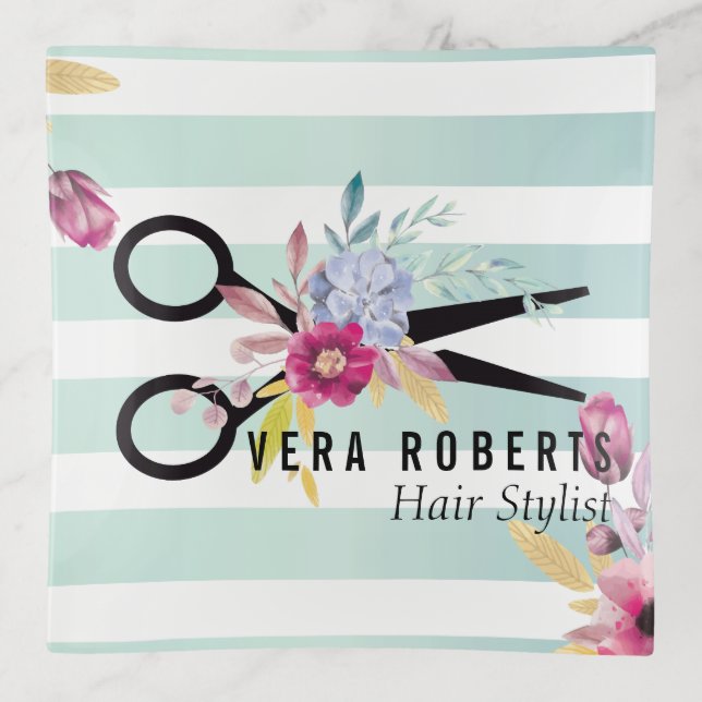 Hair Stylist Gold Scissor & Beauty Salon floral Trinket Tray (Front)