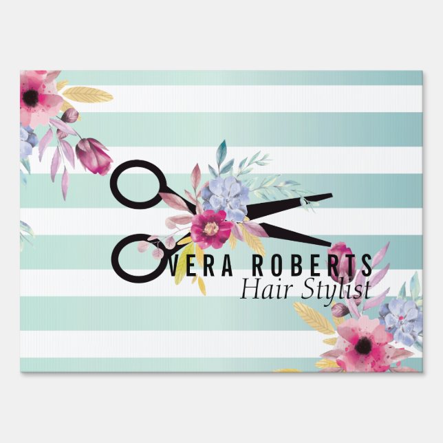 Hair Stylist Gold Scissor & Beauty striped floral Sign (Front)