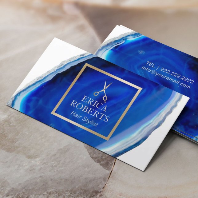 Hair Stylist Gold Scissor Blue Agate Geode Salon Business Card