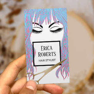 Hair Stylist Gold Scissor & Blue Hair Girl Salon Business Card