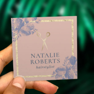 Hair Stylist Gold Scissor Botanical Dusty Rose Square Business Card