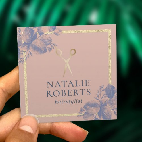 Hair Stylist Gold Scissor Botanical Dusty Rose Square Business Card