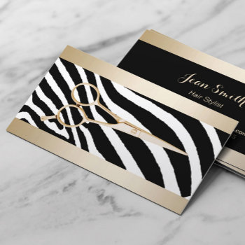 Hair Stylist Gold Scissor Classy Zebra Stripes Business Card by cardfactory at Zazzle