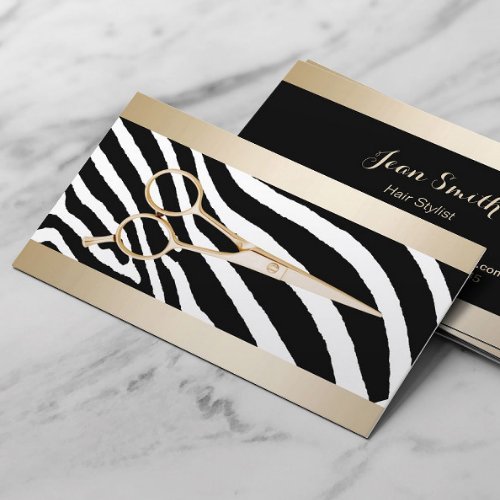 Hair Stylist Gold Scissor Classy Zebra Stripes Business Card