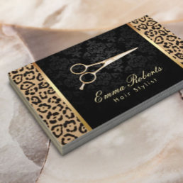 Hair Stylist Gold Scissor Damask Leopard Print Business Card