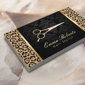 Hair Stylist Gold Scissor Damask Leopard Print Business Card