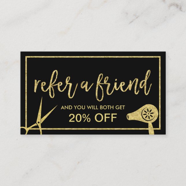 Hair Stylist Gold Scissor & Dryer Salon Referral Card (Front)