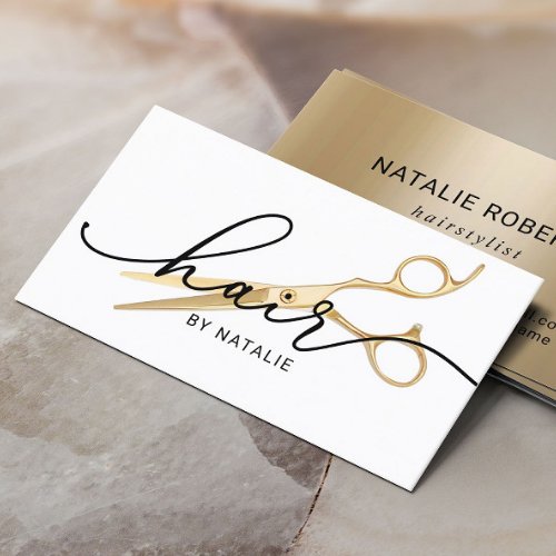 Hair Stylist Gold Scissor Elegant Script Salon Business Card