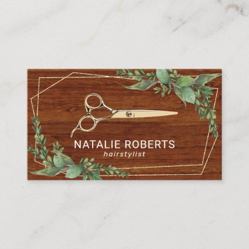 Hair Stylist Gold Scissor Geometric Greenery Wood Business Card