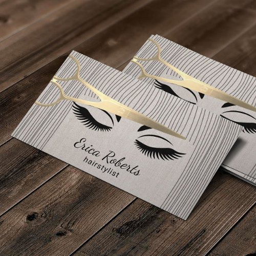 Hair Stylist Gold Scissor  Girl Salon Linen Business Card