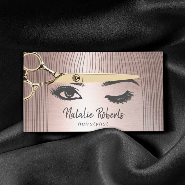 Hair Stylist Gold Scissor & Girl Salon Rose Gold Business Card