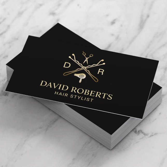 Hair Stylist Gold Scissor & Hair Dryer Logo Salon Business Card (Creator Uploaded)