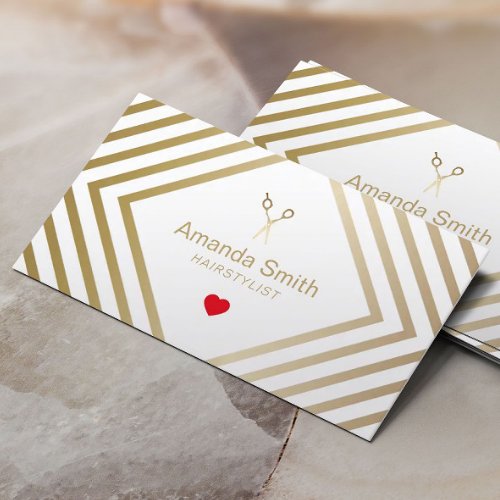 Hair Stylist Gold Scissor  Heart Geometric Salon Business Card