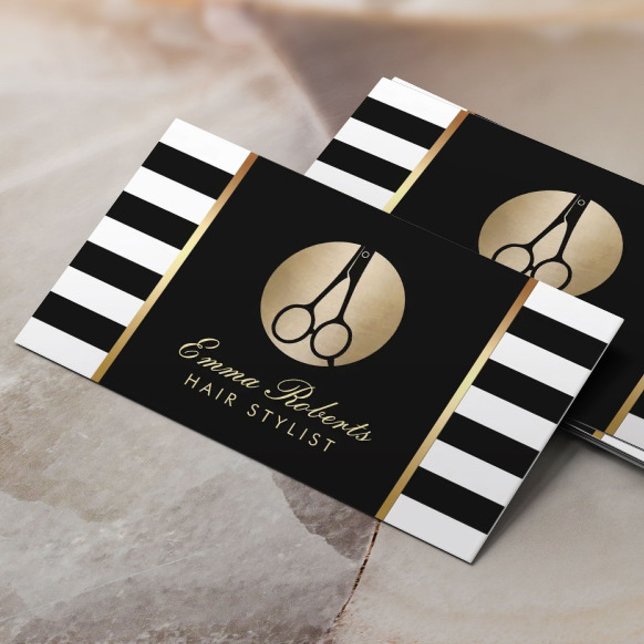 Hair Stylist Gold Scissor Logo Modern Stripes Business Card (Creator Uploaded)
