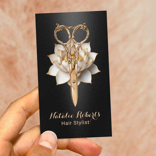 Hair Stylist Gold Scissor  Lotus Flower Salon Business Card