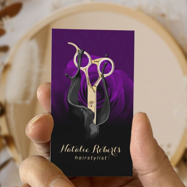 Hair Stylist Gold Scissor Purple Rose Flower Salon Business Card (Creator Uploaded)