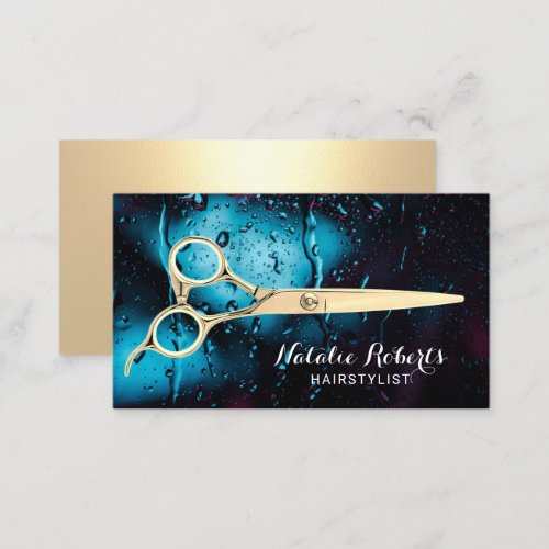 Hair Stylist Gold Scissor Rainy Window Salon Business Card