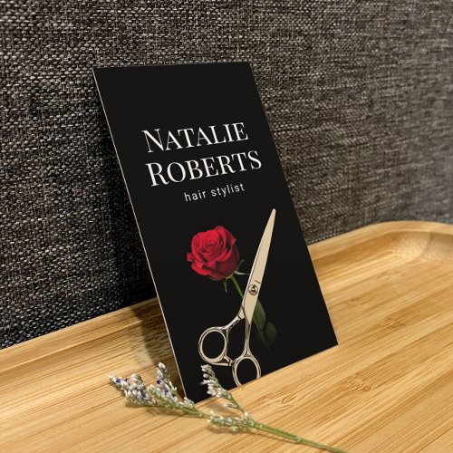 Hair Stylist Gold Scissor  Red Rose Flower Salon Business Card