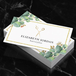 Hair Stylist Gold Scissor Salon Elegant Foliage Business Card