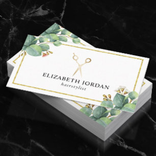 Hair Stylist Gold Scissor Salon Elegant Foliage Business Card
