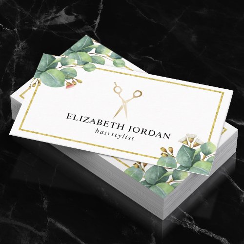 Hair Stylist Gold Scissor Salon Elegant Foliage Business Card