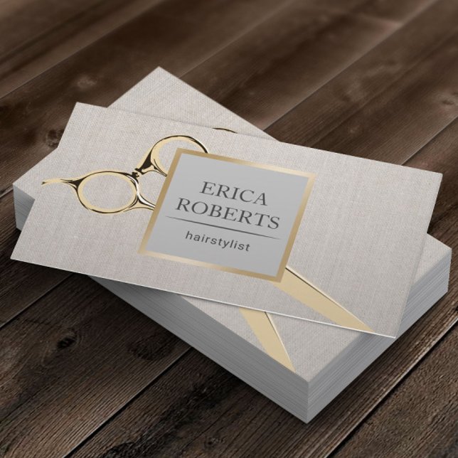 Hair Stylist Gold Scissor Salon Elegant Linen Business Card (Creator Uploaded)