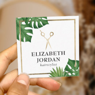 Hair Stylist Gold Scissor Salon Tropical Leaves Square Business Card
