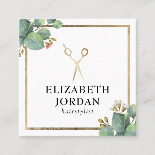 Hair Stylist Gold Scissor Salon Vintage Botanical Square Business Card