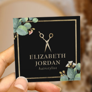 Hair Stylist Gold Scissor Salon Vintage Botanical Square Business Card