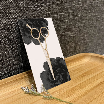 Hair Stylist Gold Scissor Stylist Black Floral Business Card by cardfactory at Zazzle