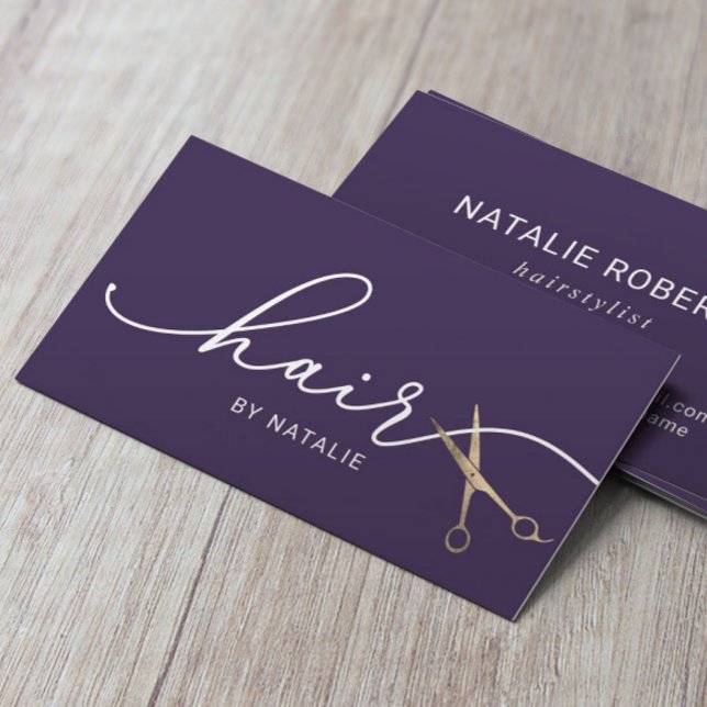 Hair Stylist Gold Scissor Typography Deep Purple Business Card (Creator Uploaded)