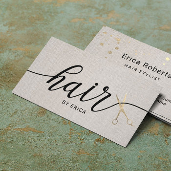 Hair Stylist Gold Scissor Typography Elegant Linen Business Card by cardfactory at Zazzle