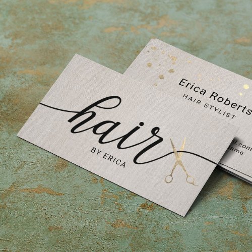 Hair Stylist Gold Scissor Typography Elegant Linen Business Card