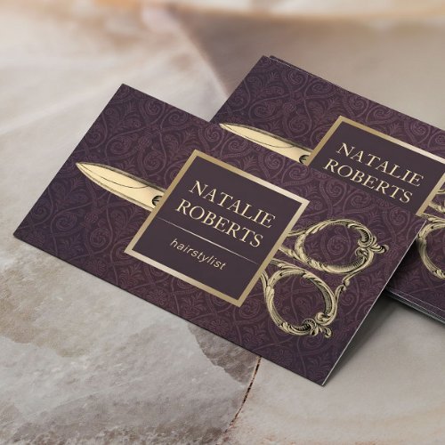 Hair Stylist Gold Scissor Vintage Purple Damask Business Card