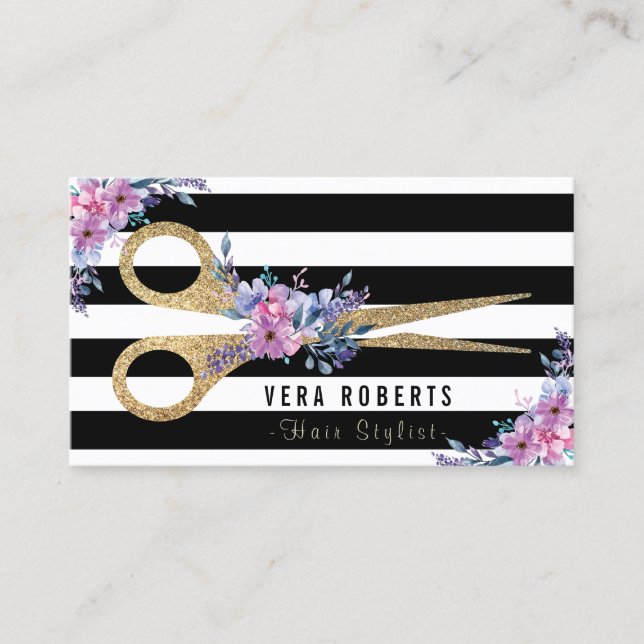 Hair Stylist Gold Scissors & Beauty Salon floral Business Card (Front)