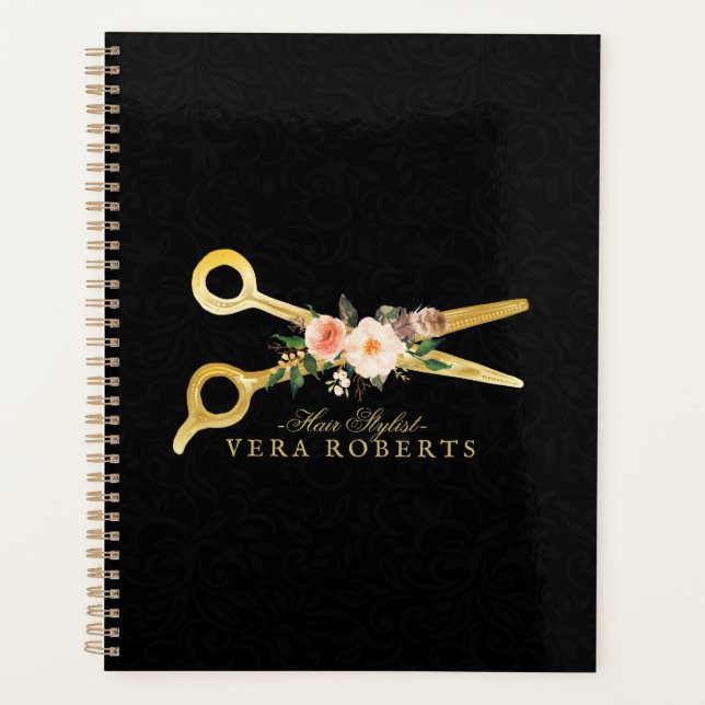 Hair Stylist Gold Scissors black Damask Luxury Planner (Front)