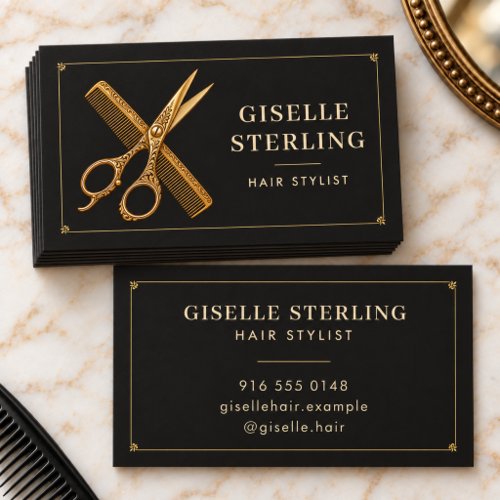 Hair Stylist Gold Scissors Comb Black Salon Business Card