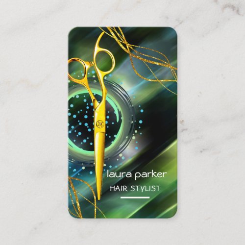 Hair Stylist Gold Scissors Green Salon Spa Business Card