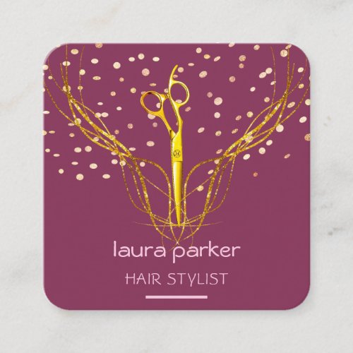 Hair Stylist Gold Scissors Pink Elegant Salon  Square Business Card