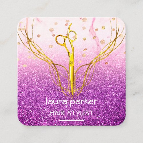 Hair Stylist Gold Scissors Purple Elegant Salon  Square Business Card