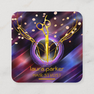 Hair Stylist Gold Scissors Purple Moon Salon Square Business Card