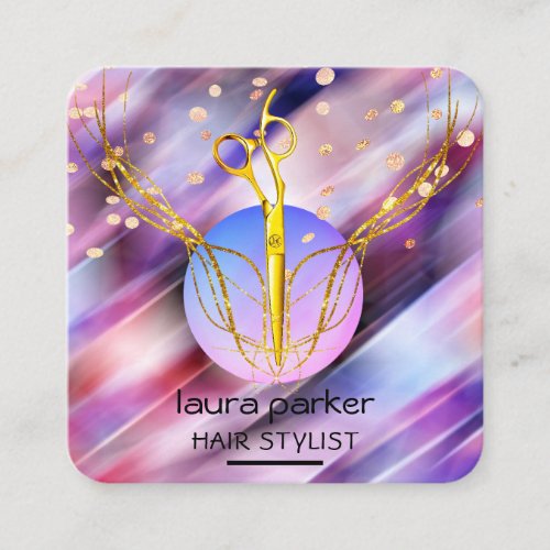 Hair Stylist Gold Scissors Purple Moon Salon  Square Business Card