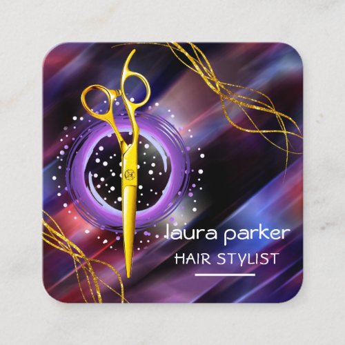 Hair Stylist Gold Scissors Purple Moon Salon  Square Business Card