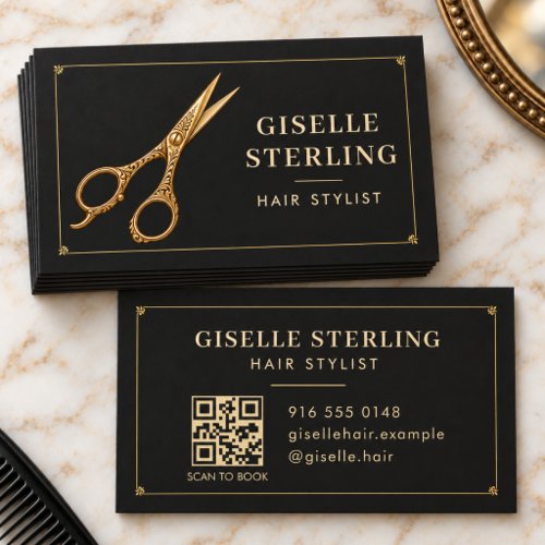 Hair Stylist Gold Scissors QR Code Black Salon Business Card