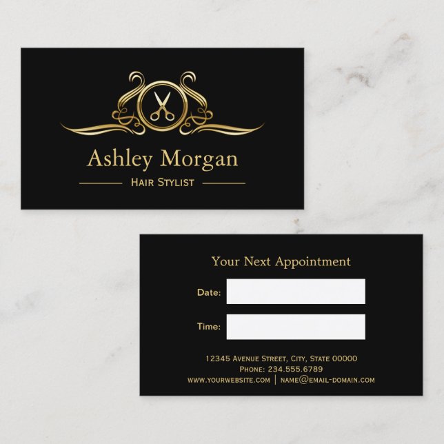 Hair Stylist Gold Scissors Salon Appointment Card (Front/Back)