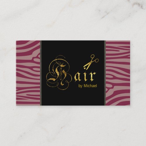 Hair Stylist Gold Scissors Script Modern Zebra 2 Business Card