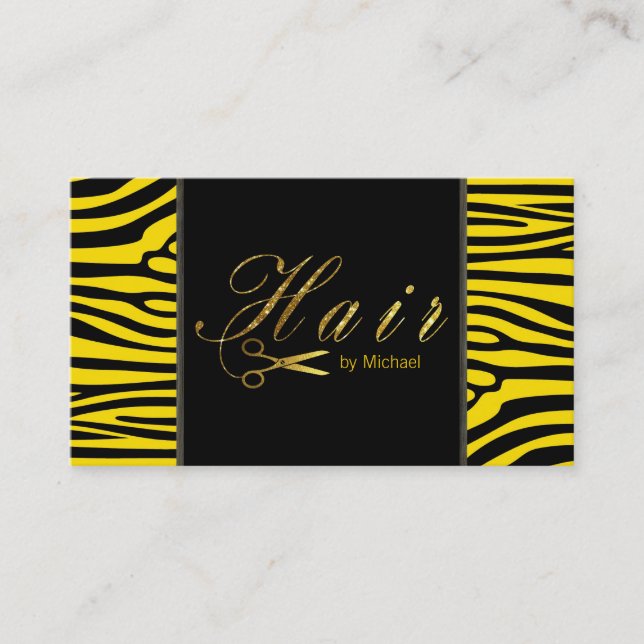 Hair Stylist Gold Scissors Script Modern Zebra #4 Business Card (Front)