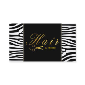 Hair Stylist Gold Scissors Script Modern Zebra Business Card